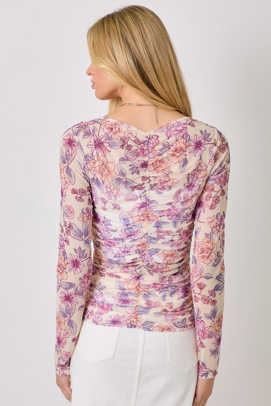 CREAM FLORAL RUCHED TOP