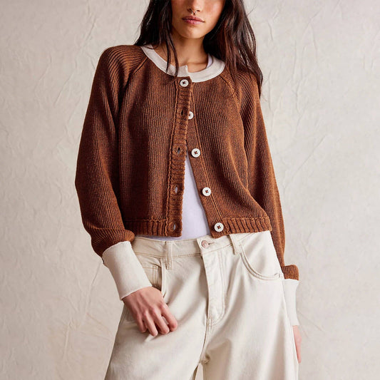 BROWN BTTN MIX CARDI